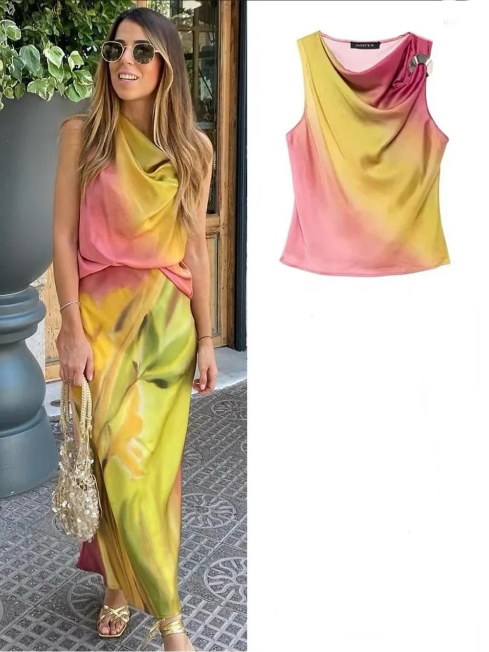 NWT Zara Pink and Yellow Ombre Cowl Neck Satin Top